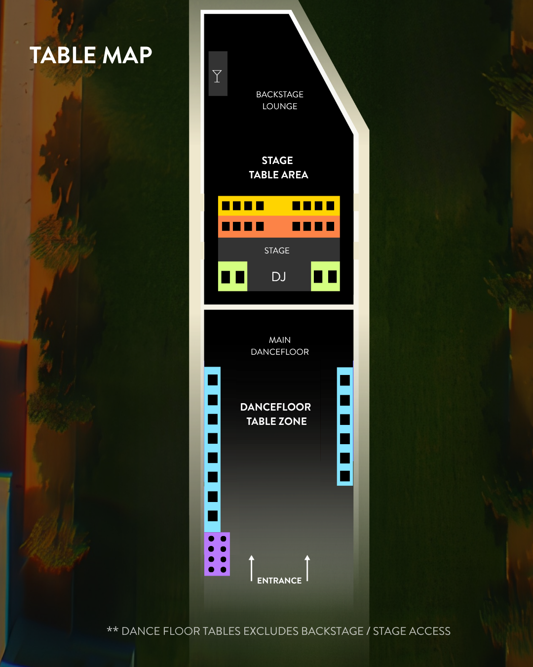 Kolour 15 Years table map - Cloud 11 Park. Stage table area with Stage DJ VVIP either side of the DJ, Stage VIP Zone A and Zone B behind. Dancefloor table zone flanking the main dancefloor, and high chair tables by the entrance.